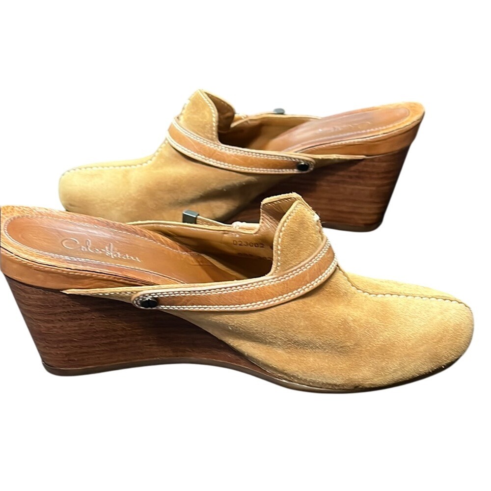 Cole Haan Suede Mules Wood Wedge 3.5" Heel Clogs Slip-Ons Tan Shoes Brazilian‎ - Picture 7 of 8